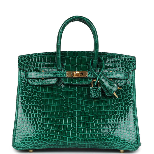 Hermès Birkin 25 Emerald Shiny Porosus Crocodile Gold Hardware