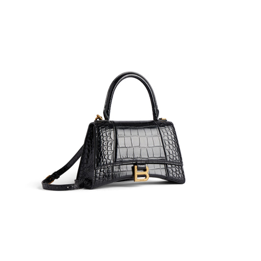 HOURGLASS SMALL HANDBAG CROCODILE EMBOSSED IN BLACK